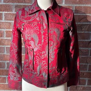 Chico’s Red & Platinum Blazer Jacket Zipper Pockets Hidden Snap Close W Size 4